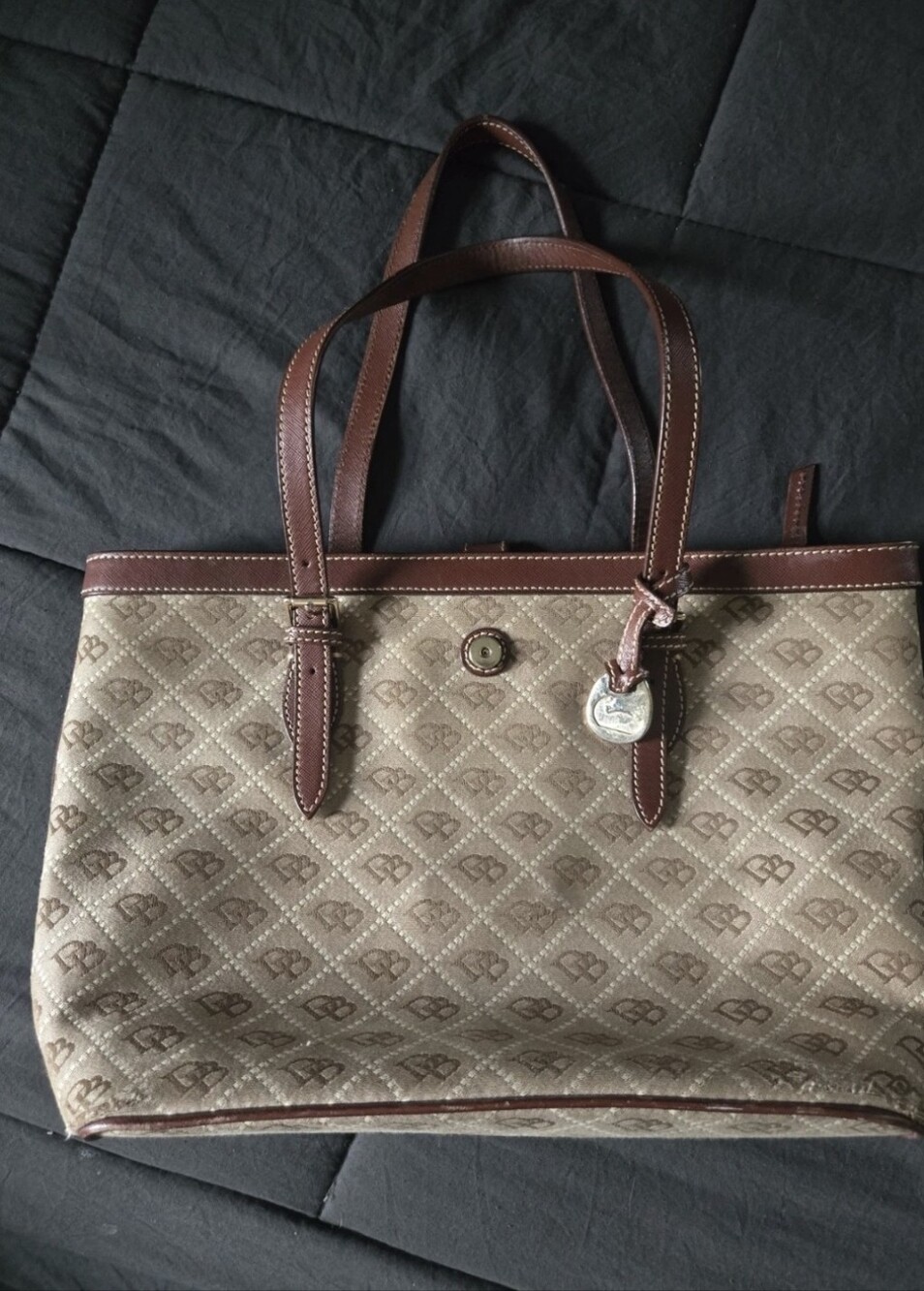 Dooney & Bourke DB Logo Tan Canvas & Brown Leather Shoulder Bag With Tassle
